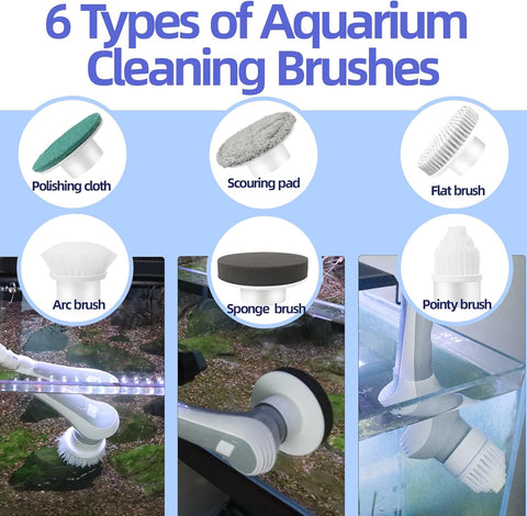 Rechargeable Electric Aquarium Cleaning Brush, IP68 Waterproof Electric Cleaning Tool Kit with 6 Replaceable Swivel Heads, Power Aquarium Brush 2 Adjustable Speeds, Removable/Adjustable Long Handle