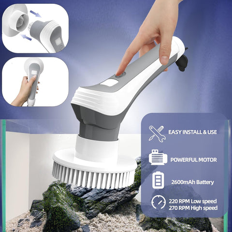 Rechargeable Electric Aquarium Cleaning Brush, IP68 Waterproof Electric Cleaning Tool Kit with 6 Replaceable Swivel Heads, Power Aquarium Brush 2 Adjustable Speeds, Removable/Adjustable Long Handle